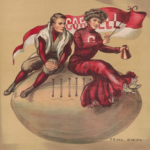 Football player and cheerleader sitting on giant football with Cornell flag (1907)