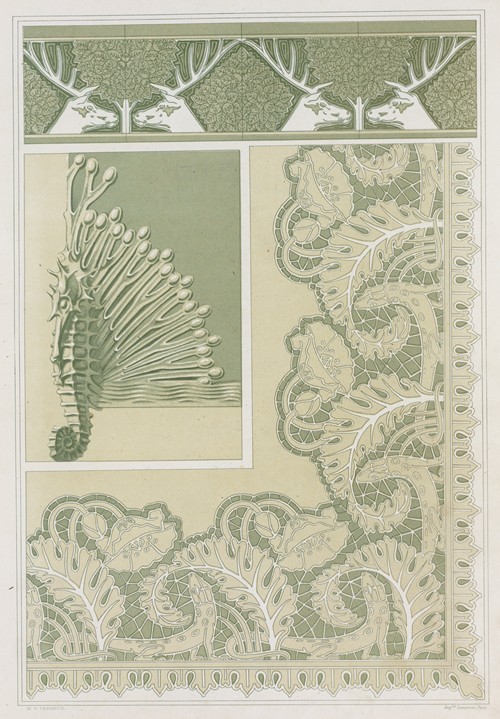 Cerfs et noisetiers, bordure, carreaux céramiques; hippocampe et algues, pied de coffret, bronze; lézards et pavots, broderie (1897)