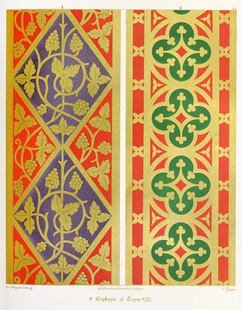 Orphreys of Copes; 1. The Vine ; 2. Crosses Flory in Quatrefoils.
