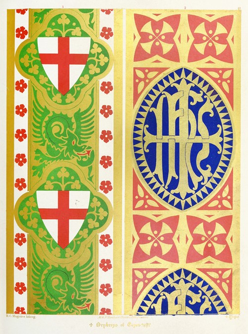 Orphreys of Copes; 1. St. George, Shield and Dragon ; 2. The Five Crosses with the Holy Name in the First.