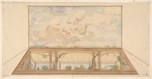 Design for a ceiling painted with a trompe l’oeil awning and putti in clouds