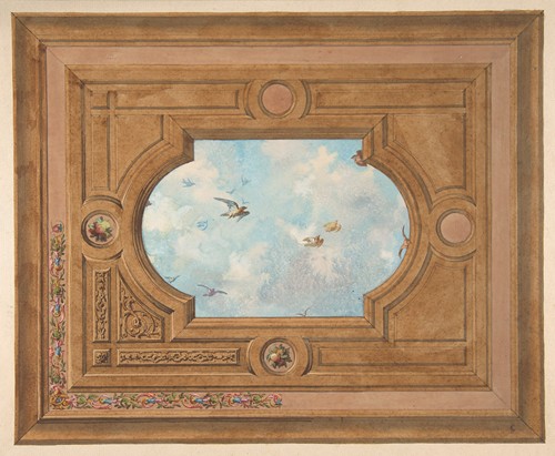 Design for a ceiling with a trompe l’oeil sky filled with birds