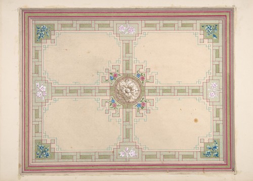 Design for a ceiling with floral accents and Greek key border