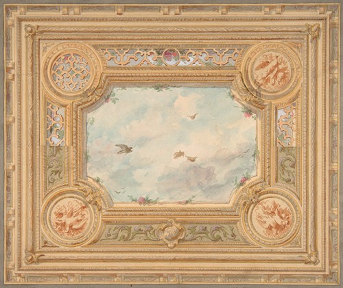 Design for a ceiling with four medallions and sky motif in center