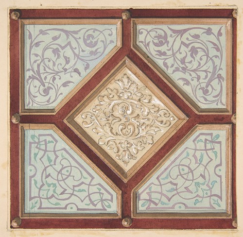 Design for a coffered ceiling with alternative decorative patterns (1840-97)