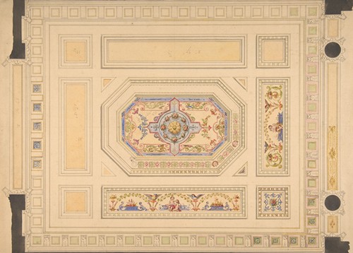 Design for a paneled ceiling painted with putti, birds, and floral motifs