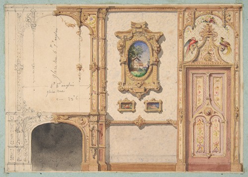 Design for the decoration of a wall punctuated by a fireplace and a door and hung with gold-framed pictures