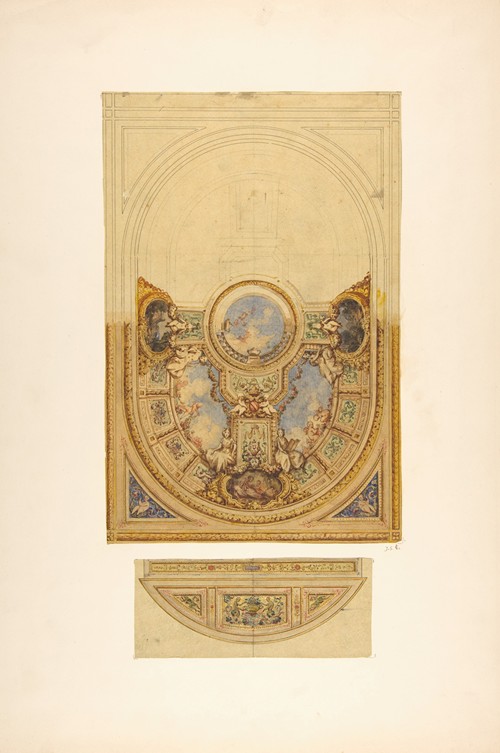 Design for the decoration of an oval ceiling with putti and garlands; with a detail of a lunette