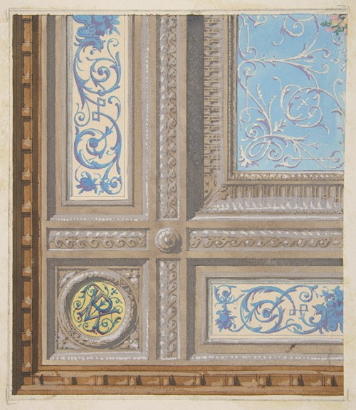 Design for the painted decoration of a coffered ceiling with initials; VR