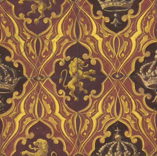 Design for wallpaper featuring rampant lions and crowns (1830-97)