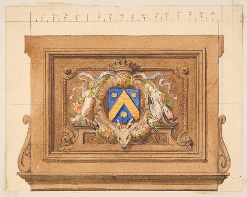 Design of a decorative panel featuring hunting trophies, a shield, and a crown (19th Century)