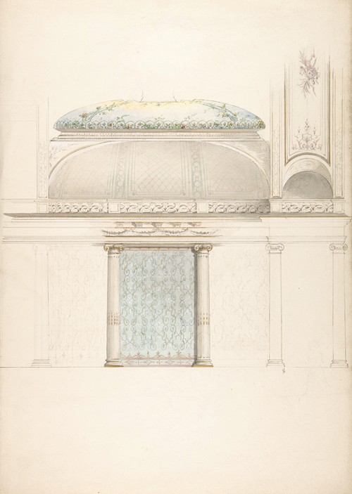 Elevation and transverse section of a domed and colonnaded hall
