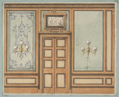 Elevation of a paneled interior with double doors and gaslight sconces