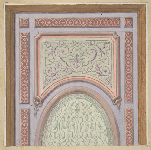 Partial design for the decoration of a ceiling with an oval panel at center (1830-97)