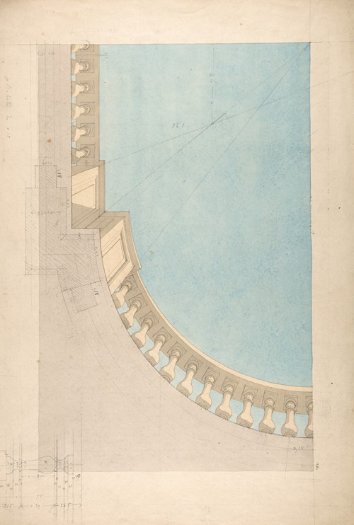 Perspectival study for one quadrant of a ceiling design including a trompe l’oeil balustrade
