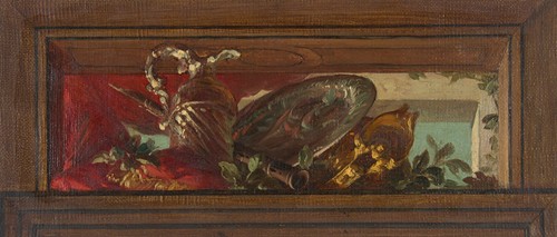 Trompe l’oeil design of ewer and clarinet