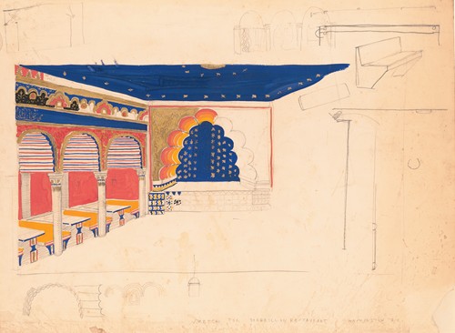 Design drawing for a restaurant (‘Madrillon Restaurant’), Washington, D.C.] [Interior perspective of arcade and stage