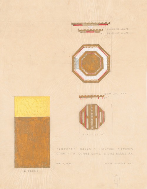 Design drawings for Community Coffee Shops, Wilkes-Barre, PA.] [Proposed doors and lighting fixtures, Lumiline light fixture and door, elevations and plan