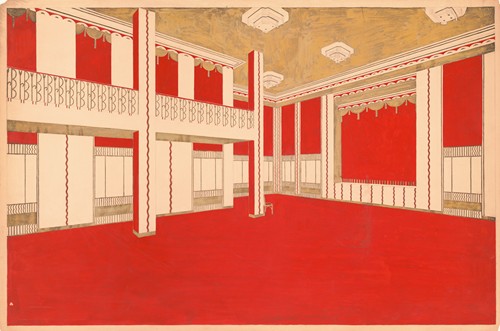 Design for unidentified ballroom, probably New York City area.] [Perspective rendering in vermillion and gold (1920)