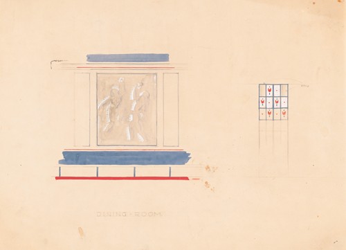 Design for unidentified restaurant interior in blue and vermillion with mural featuring 2 female nudes and panel with tulip inserts.] [Drawing for ‘Dining Room’ (1910)