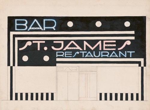 Designs and photographs for alterations to St. James Bar Restaurant, W. 181st St. and Broadway, New York, NY.] [Incomplete study of exterior elevation