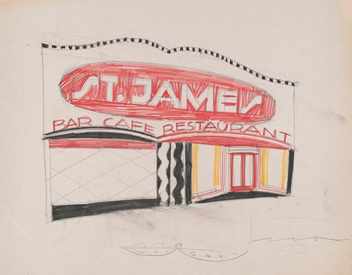 Designs and photographs for alterations to St. James Bar Restaurant, W. 181st St. and Broadway, New York, NY.] [Sketch for exterior perspective elevation and plan