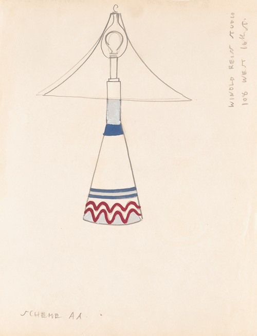 Designs for lamps with triangular shades.] [Design with white, red, and metallic silver