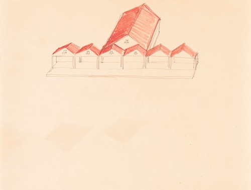 Designs for roadhouse or terrace restaurant.] [Perspective elevation with colored roof