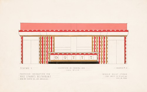 Drawings for proposed decorations of Mike Lyman’s Restaurant, 424 W. Sixth St. Los Angeles, CA.] [Scheme 1; elevation - K - showing bar (1945)