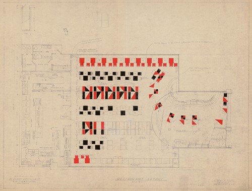 esigns and photographs for alterations to St. James Bar Restaurant, W. 181st St. and Broadway, New York, NY.] [Plan for restaurant layout of booths and tables