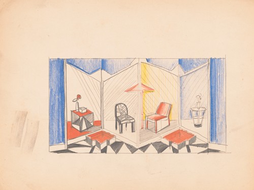 Exhibit design with stage in form of folding screen.] [Sketch of exhibit with modern chairs and tables