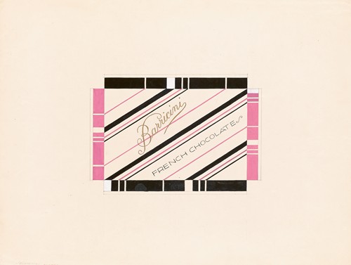 Graphic design drawings for Barricini Candy packages.] [Study, ‘French Chocolates’ candy box, pink and black (1948)