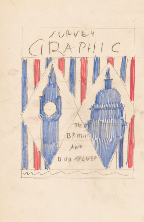 Graphic design for cover of Survey Graphic Magazine; ‘The British and Ourselves’.] [Drawing with British Parliament and US Capitol Building