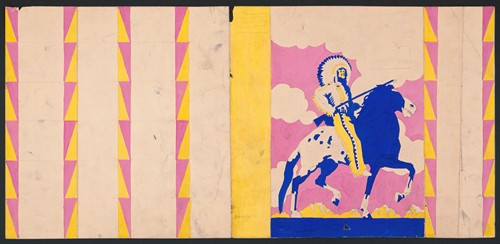 Graphic design for cover of the book ‘The Sun God’s Children’., Drawing with American Indian on horseback (1930)