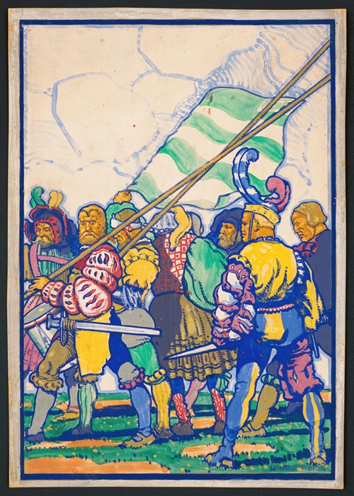 Graphic designs for Scribner’s Magazine cover, Medieval Festival theme.] [Colored drawing of men with medieval clothing and weapons