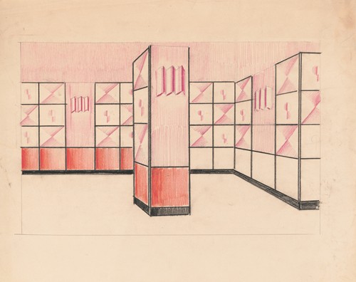 Interior perspective drawings of Hotel Siwanoy, Mount Vernon, NY.] [Interior perspective, unidentified room in pink, vermillion, and black (1935)