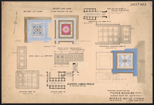Proposed decorations for Fisher Building, Detroit.] [Bridge 1st floor.] [Bridge 2nd floor & end gallery no. 205.] [Elevator lobbies 105 & 112