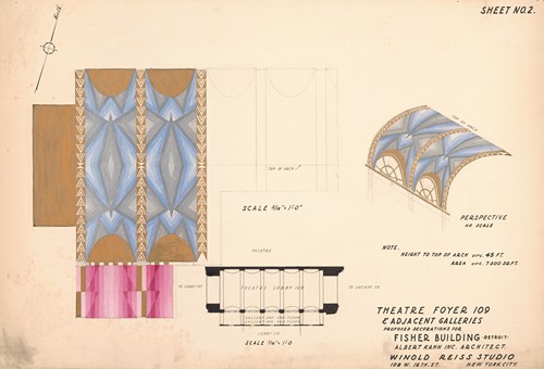 Proposed decorations for Fisher Building, Detroit.] [Theatre foyer 109 & adjacent galleries