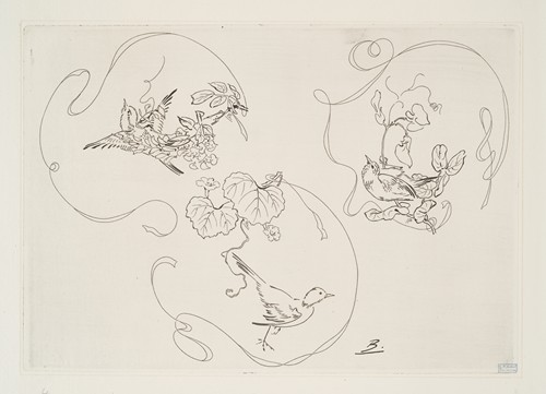 Assiette à dessert; trois motifs composés chacun d’un ruban, d’une fleur et d’un oiseau