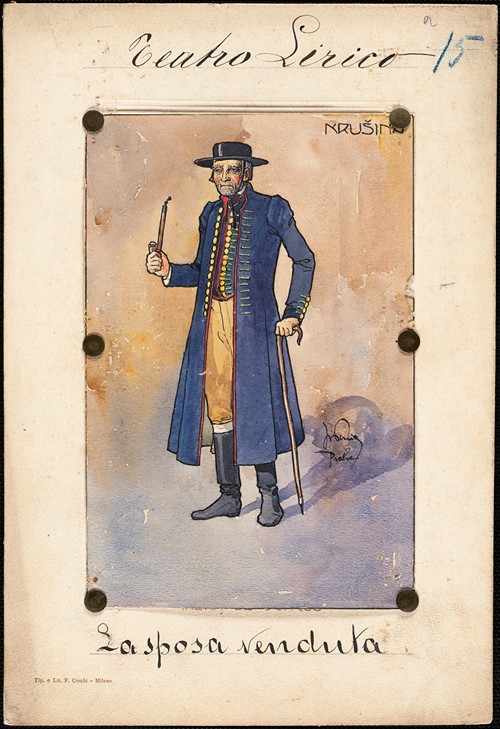 A man stands in three-quarter profile holding a cane and a pipe