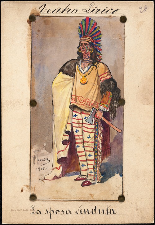 A man standse in tribal garb in three-quarter profile
