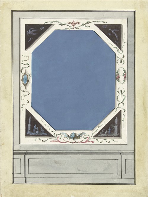 Ontwerp voor kamerversiering met een paneel met centraal een blauwe achthoek
