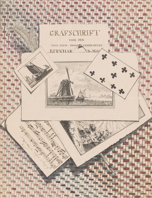 Bedriegertje met prenten, een grafschrift, blad muziek, speelkaart en veer