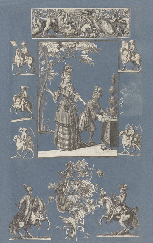 Collage of cut out prints pasted on blue paper Pl 01