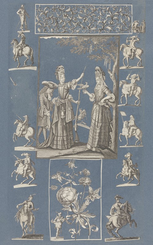 Collage of cut out prints pasted on blue paper Pl 16