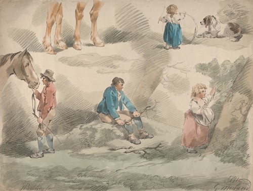 Studies of Girls, one Playing with Hoop, one Picking Berries, Man and Horse, etc.