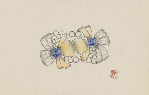 Ontwerp voor juweel in de vorm van twee gestileerde bloemen, met goud en saffieren