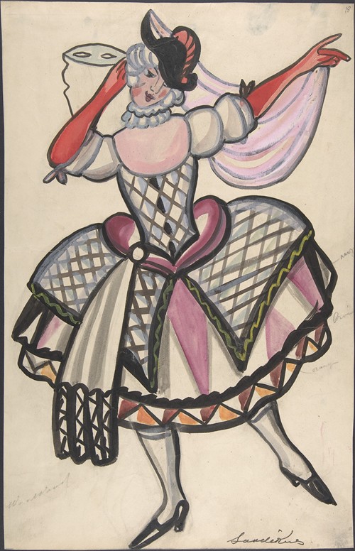 Woman in a harlequin costume holding a mask