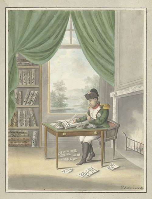 Spotprent op Napoleon; Klaas Bonaparte in zijn studeervertrek op ‘t eiland Elba, 1814