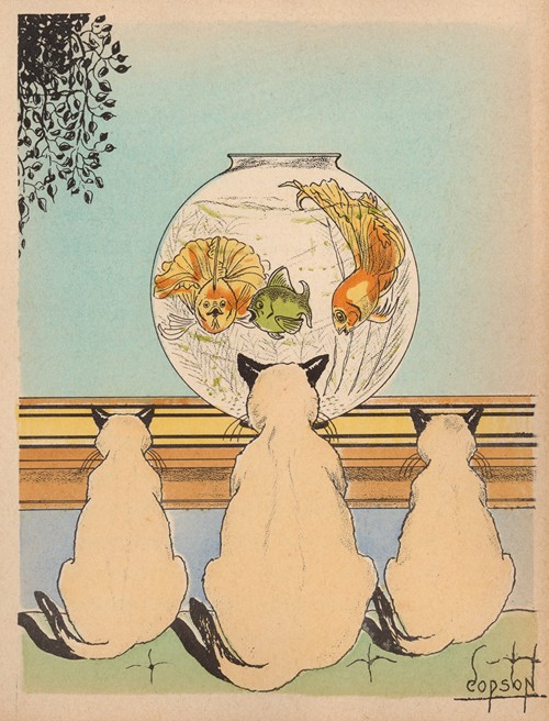 Three cats watching fish in an aquarium (1938)